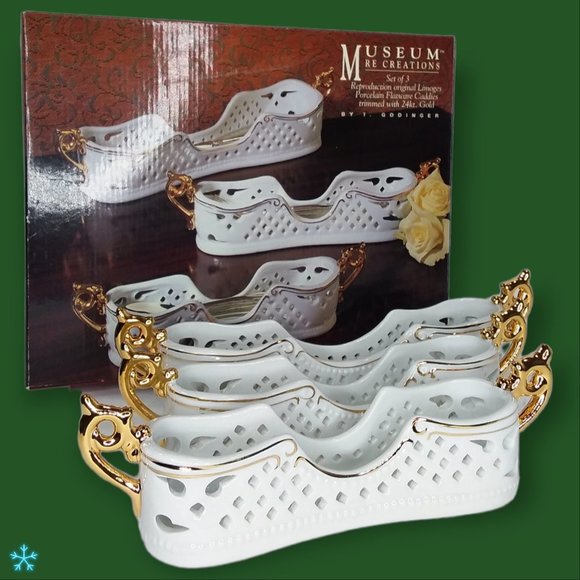 Museum Re Creations 3 Porcelain Flatware Caddies 24Kt Gold Trim Godinger Fancy - Picture 1 of 12